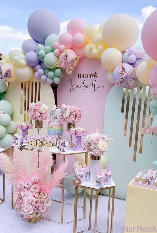 pastel ton renkli baby shower konsept fikiri 2024