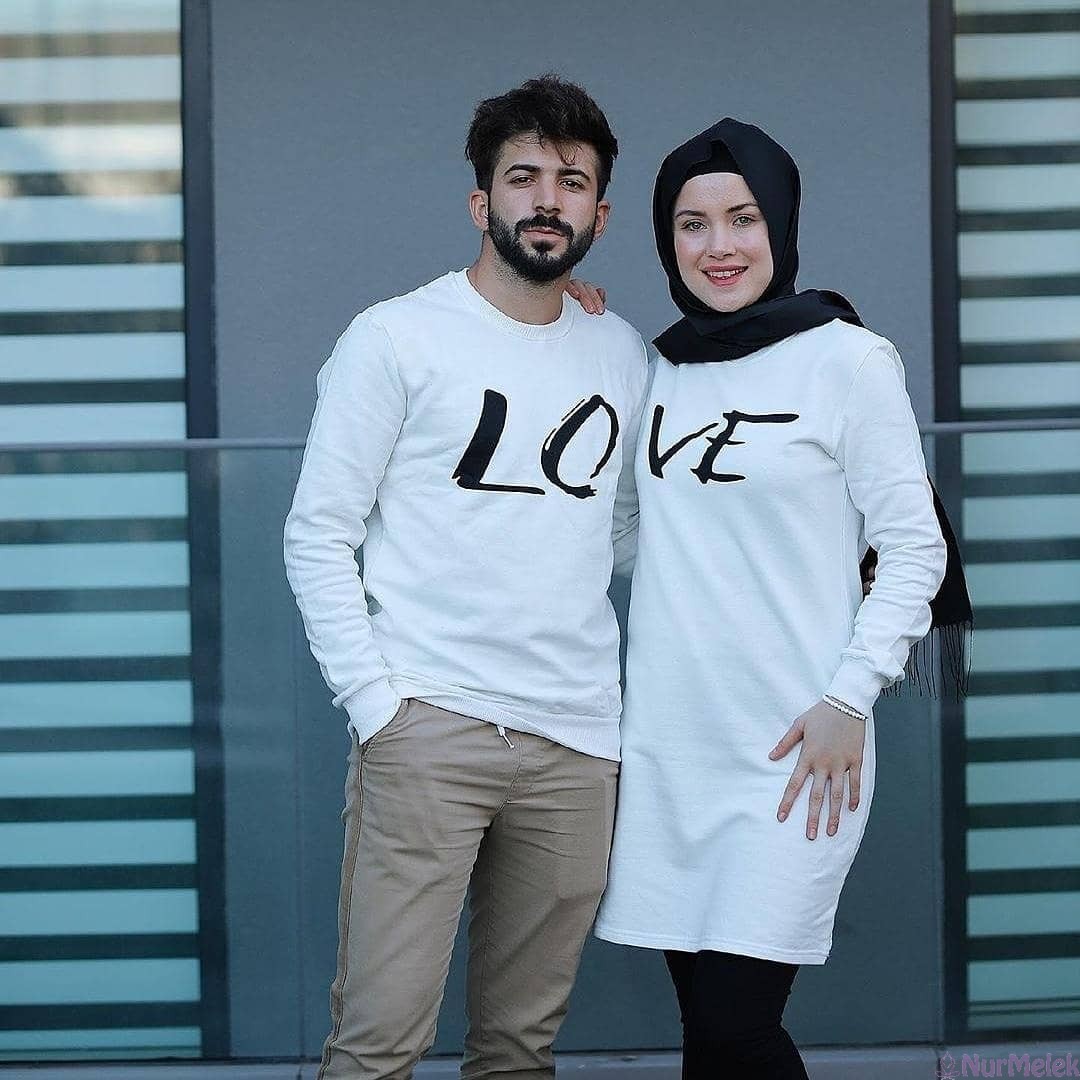 Beyaz Love Baskılı Tesettür Çift Kombini