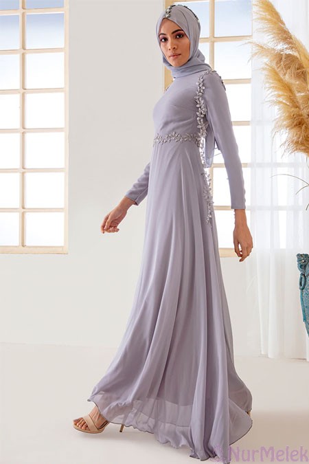 güpürlü lila renk tesettür nikah elbisesi 2020