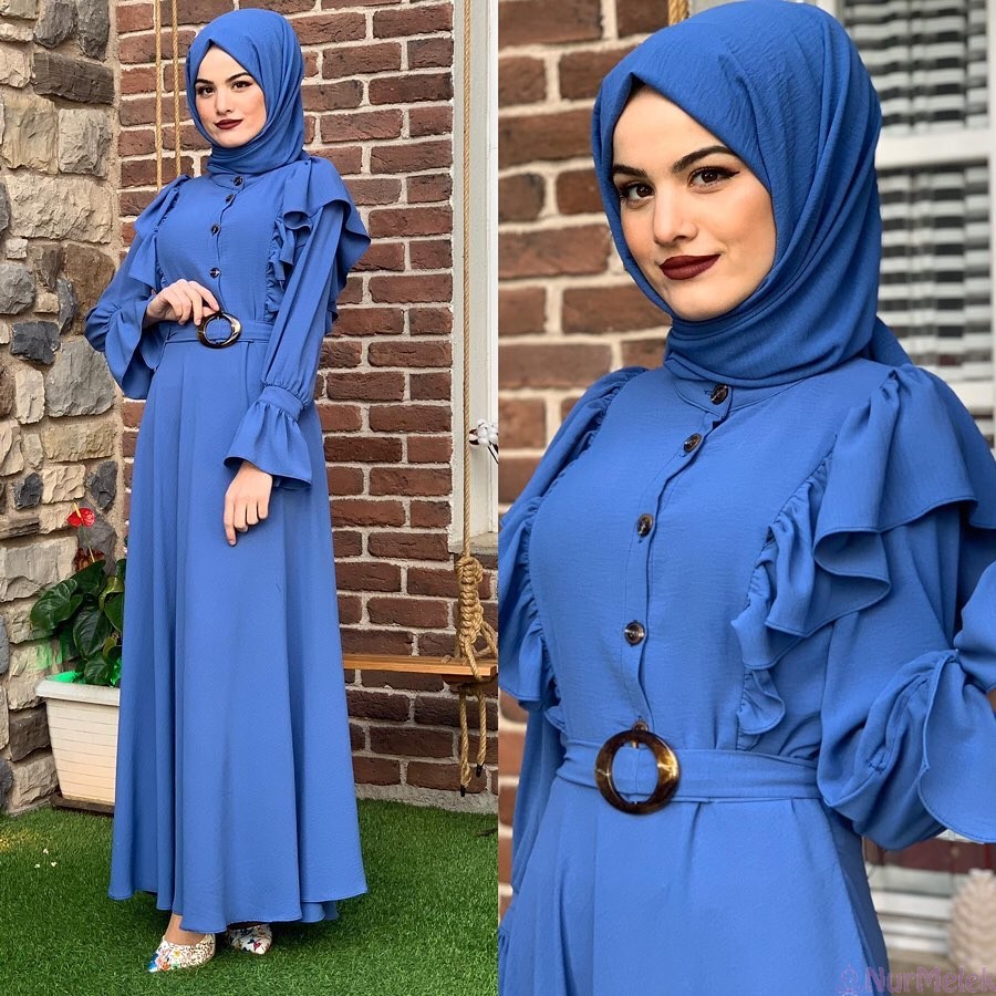 saks mavi fırfırlı tesettür elbise