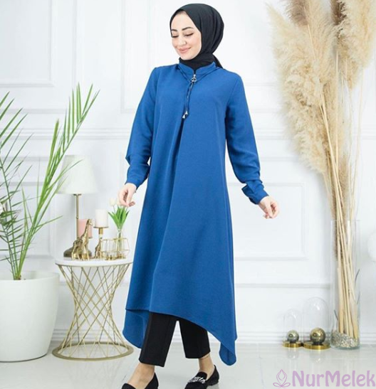 saks mavi uzun tesettür tunik kombini