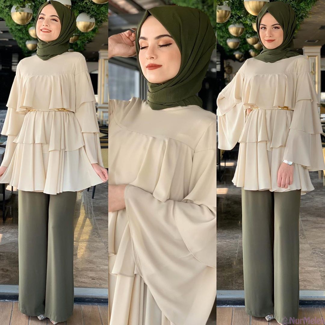 fırfırlı tunik tesettür pantolon kombini 2021