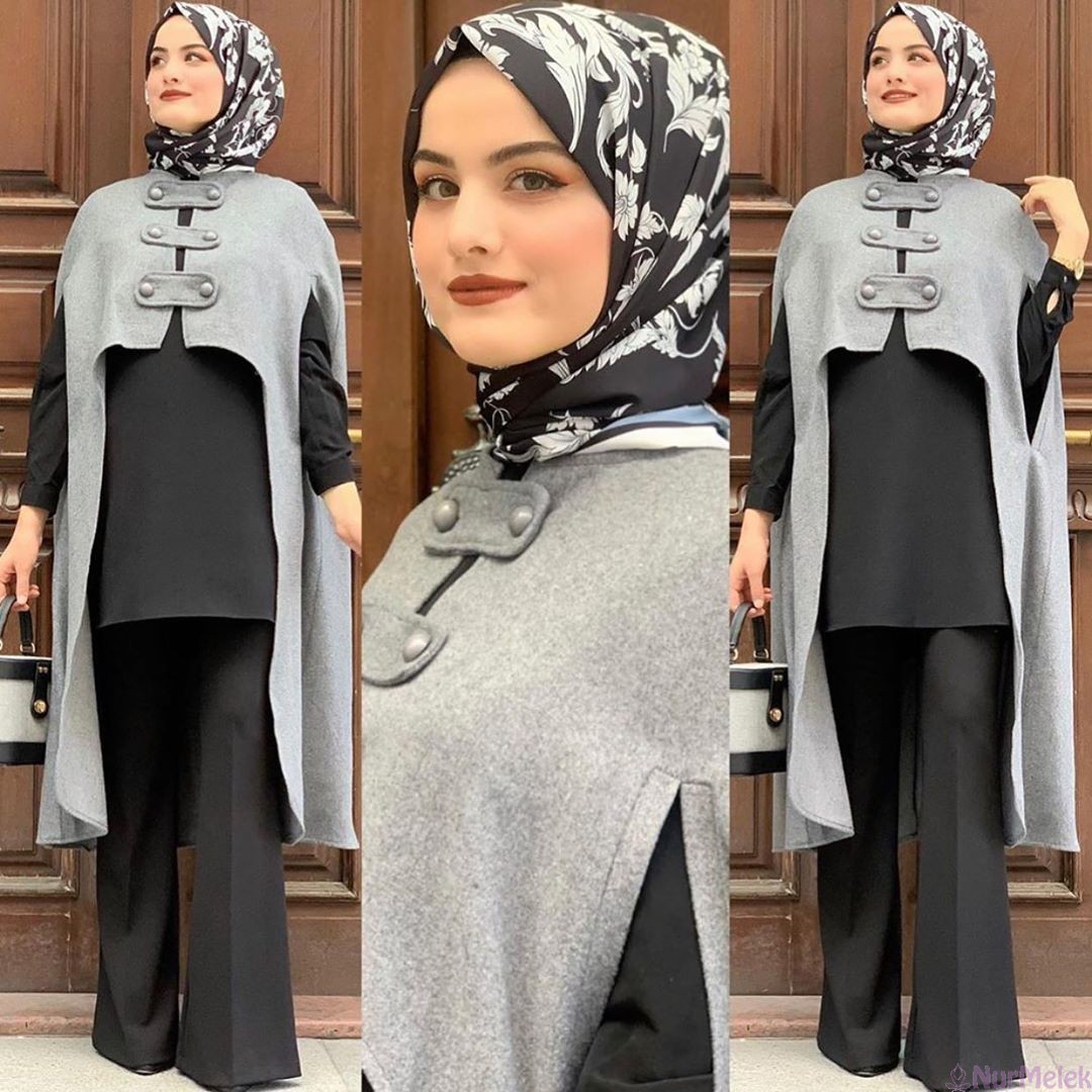 kaşe panço tesettür pantolon kombini 2021