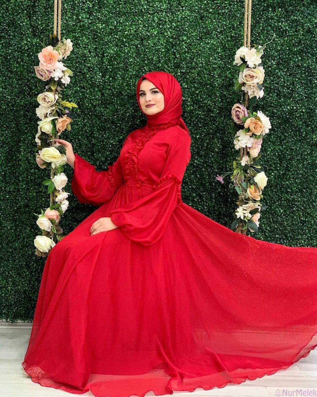 kırmızı tesettür söz abiye elbise
