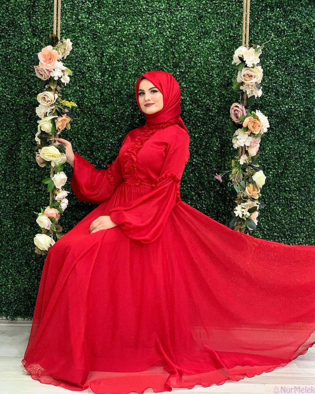 kırmızı tesettür söz abiye elbise
