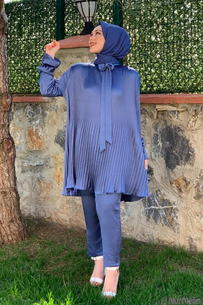 indigo mavi saten tunik kombin