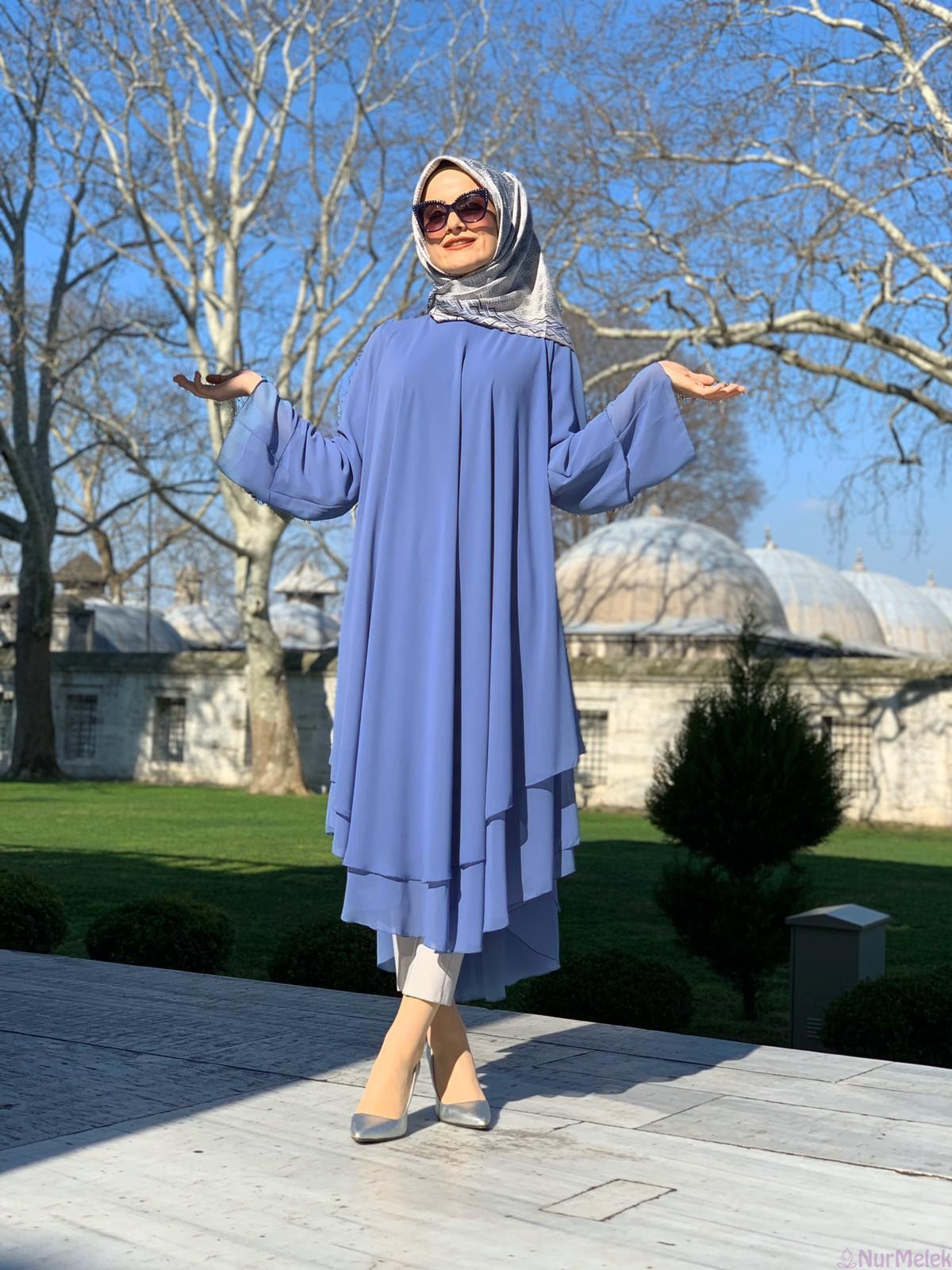 indigo mavi şifon tunik kombini