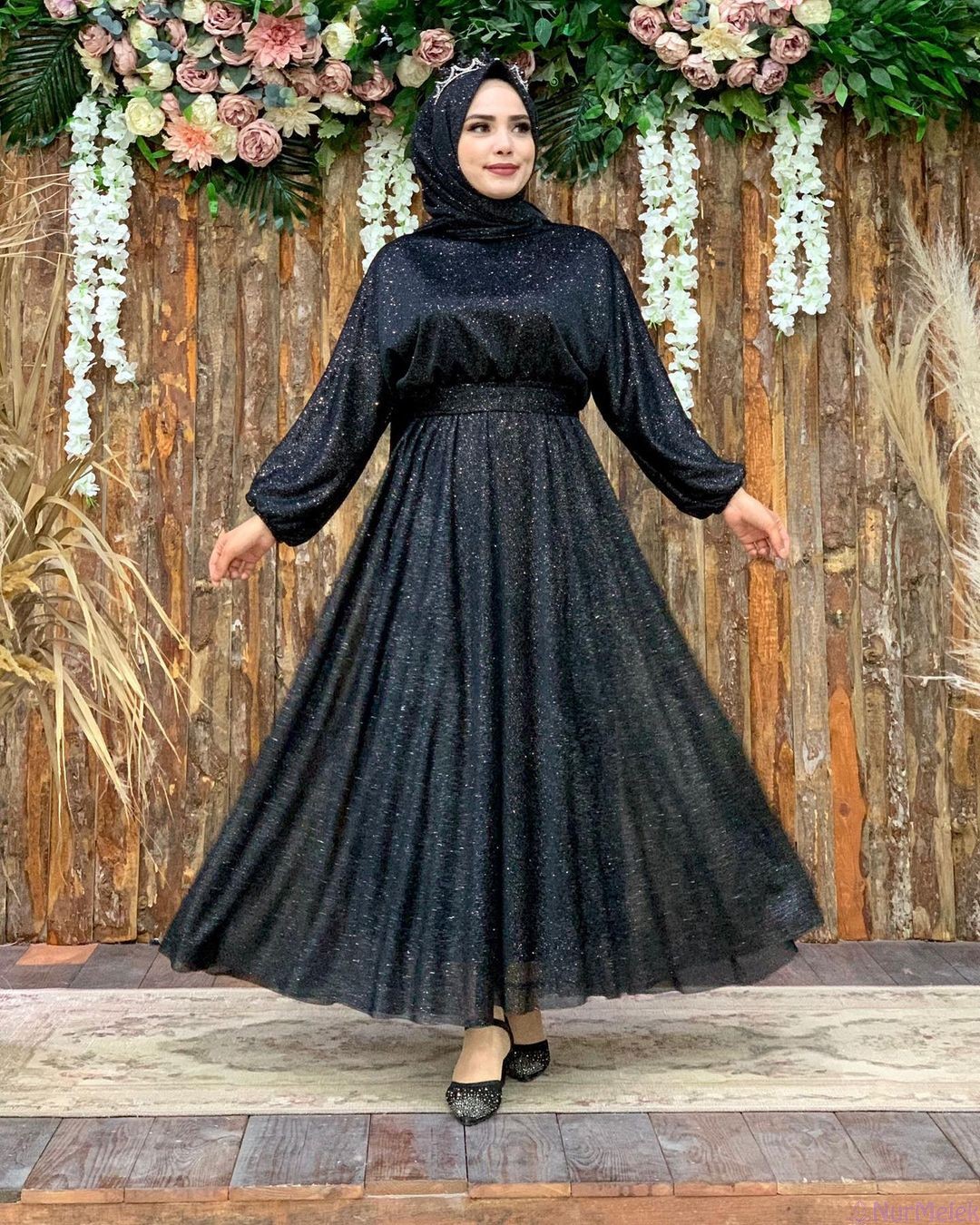 simli siyah tesettür elbise