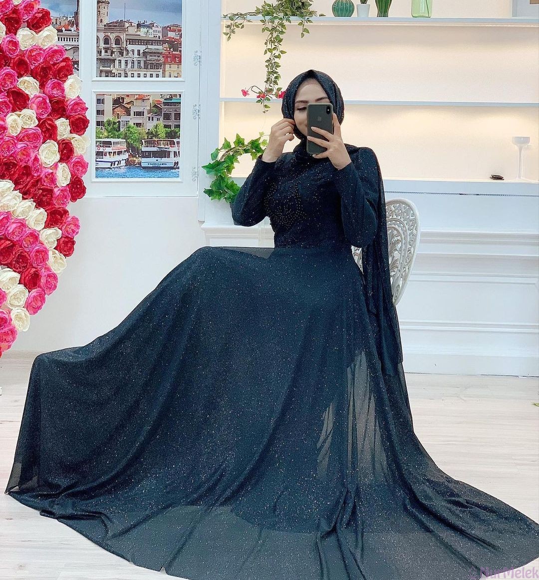 yeni güpürlü simli siyah tesettür abiye elbise