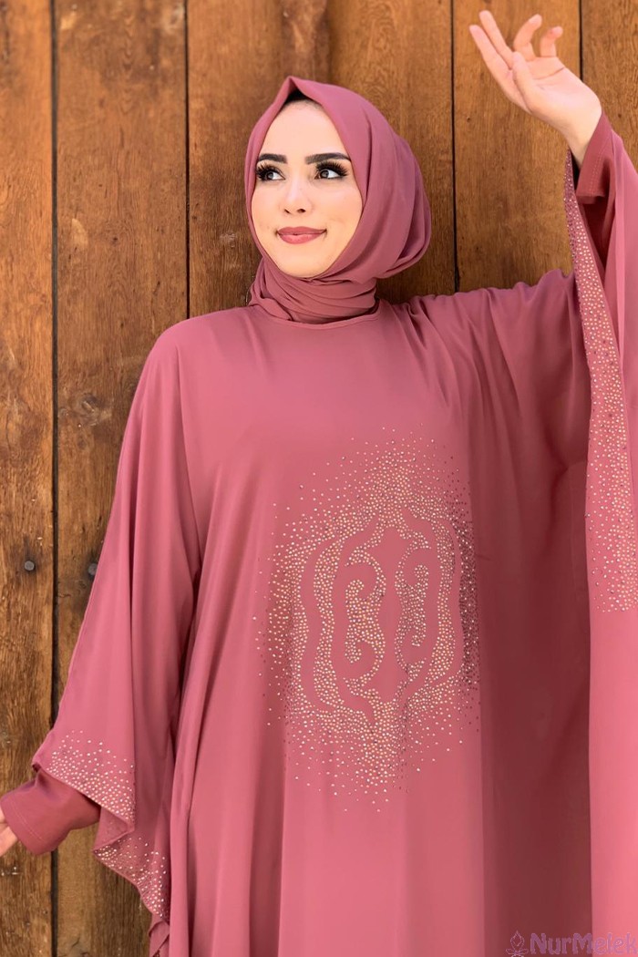 gül kurusu şifon şal abaya kombini