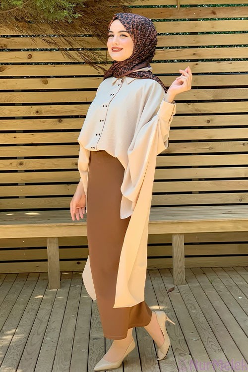 taba renk tesettür kalem etek kombini