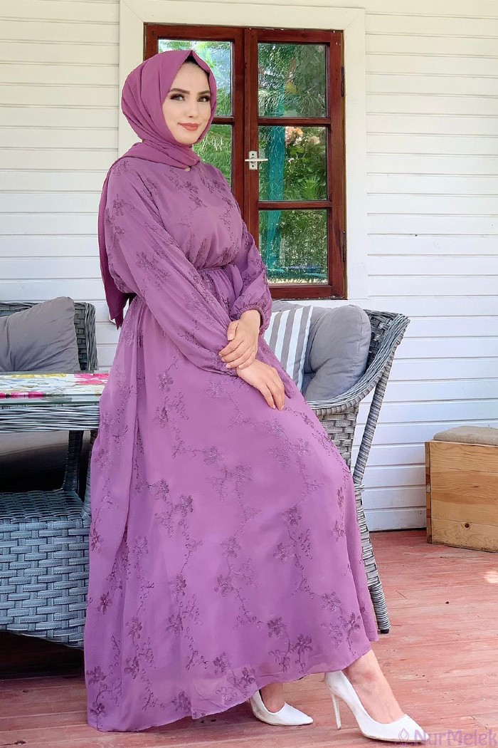 lila renk yazlık tesettür elbise 2022