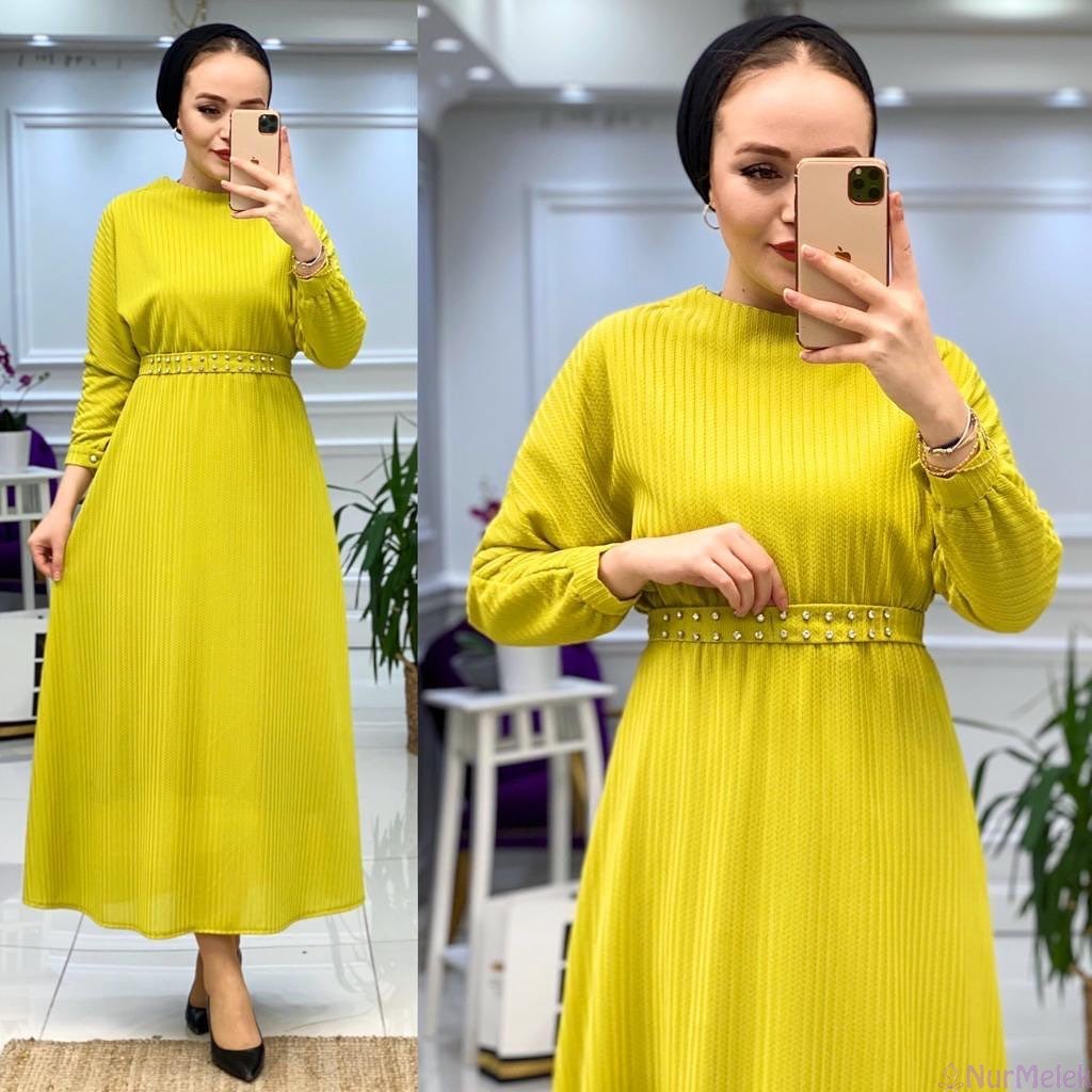neon sarısı tesettür elbise