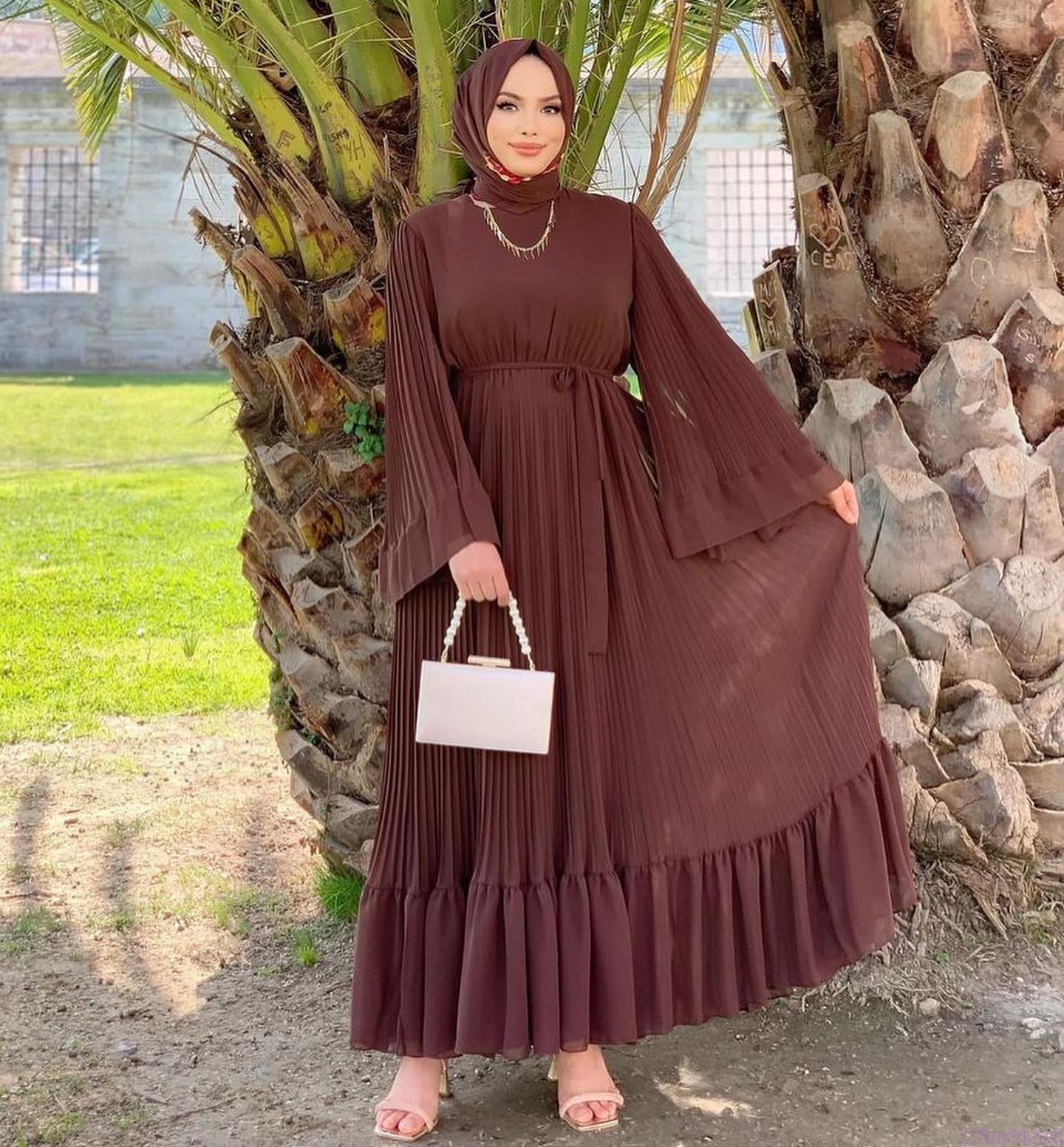 bayramlık şifon kahverengi elbise