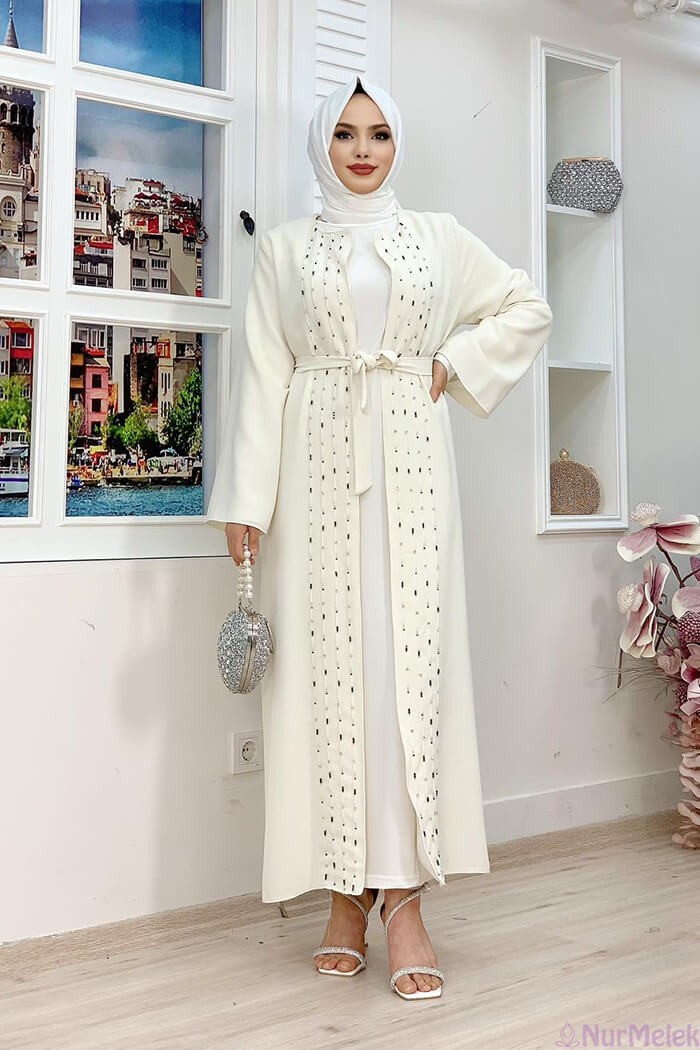 taşlı ekru tesettür abaya