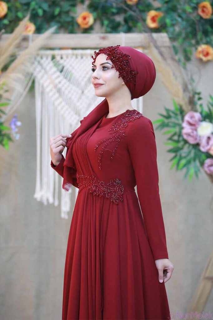 Fırfır detaylı Abiye bordo