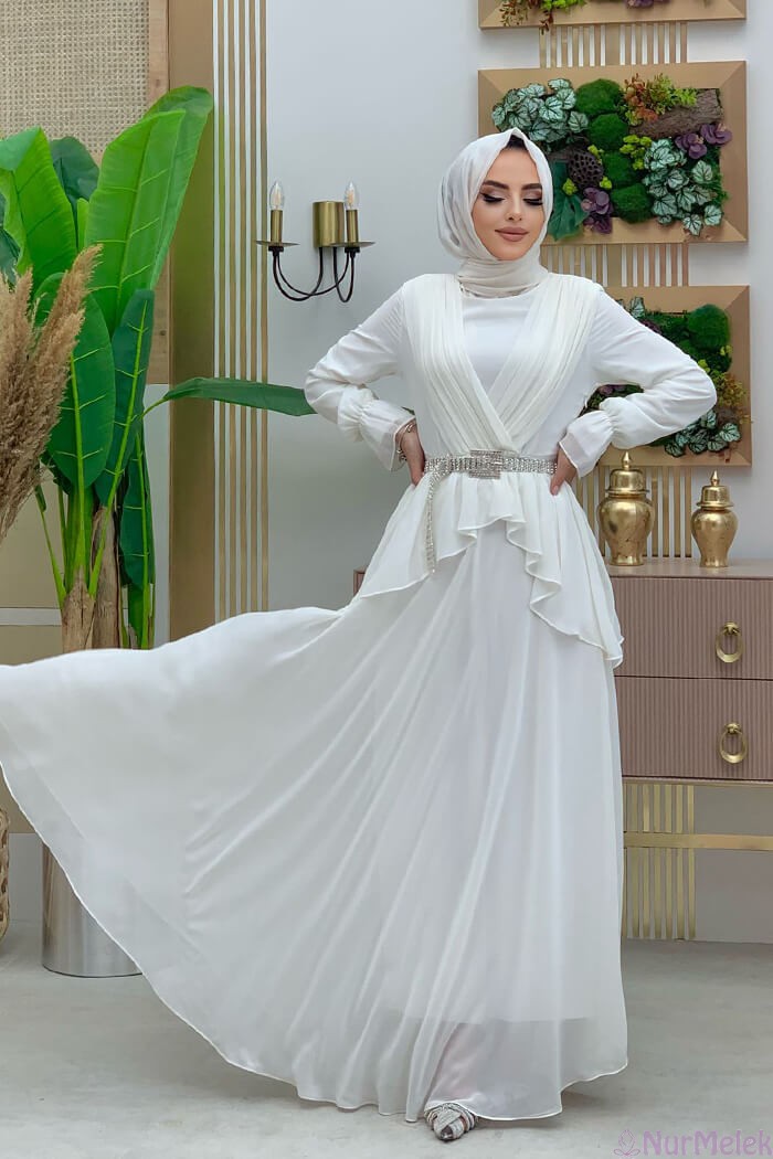 fırfırlı beyaz şifon tesettür elbise