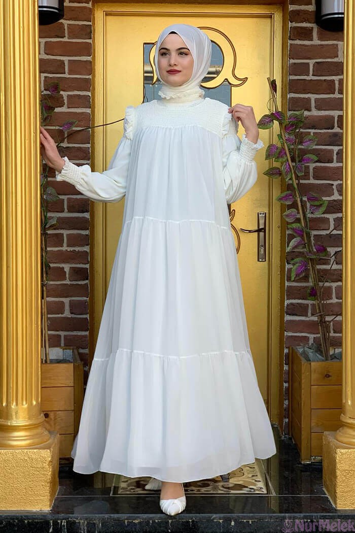 krep şifon omuz detaylı beyaz tesettür elbise