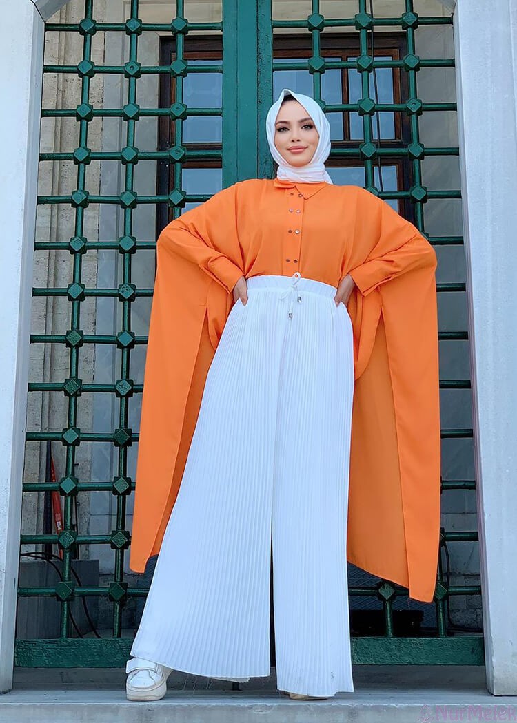 turuncu tesettür tunik beyaz pantolon kombini
