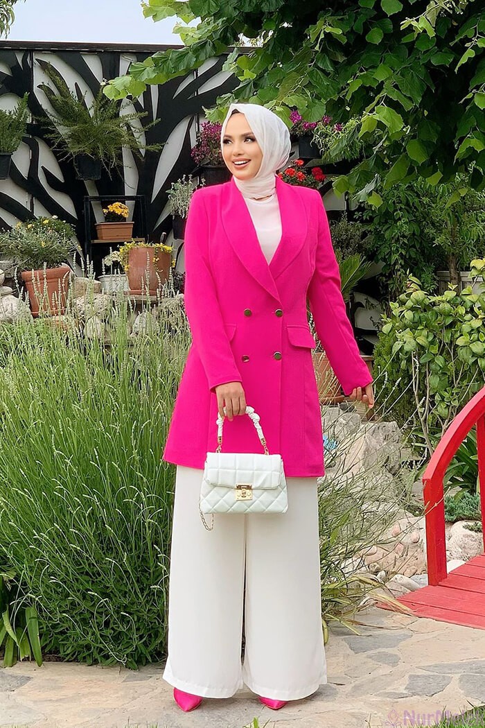 fuşya tesettür blazer ceket pantolon kombini