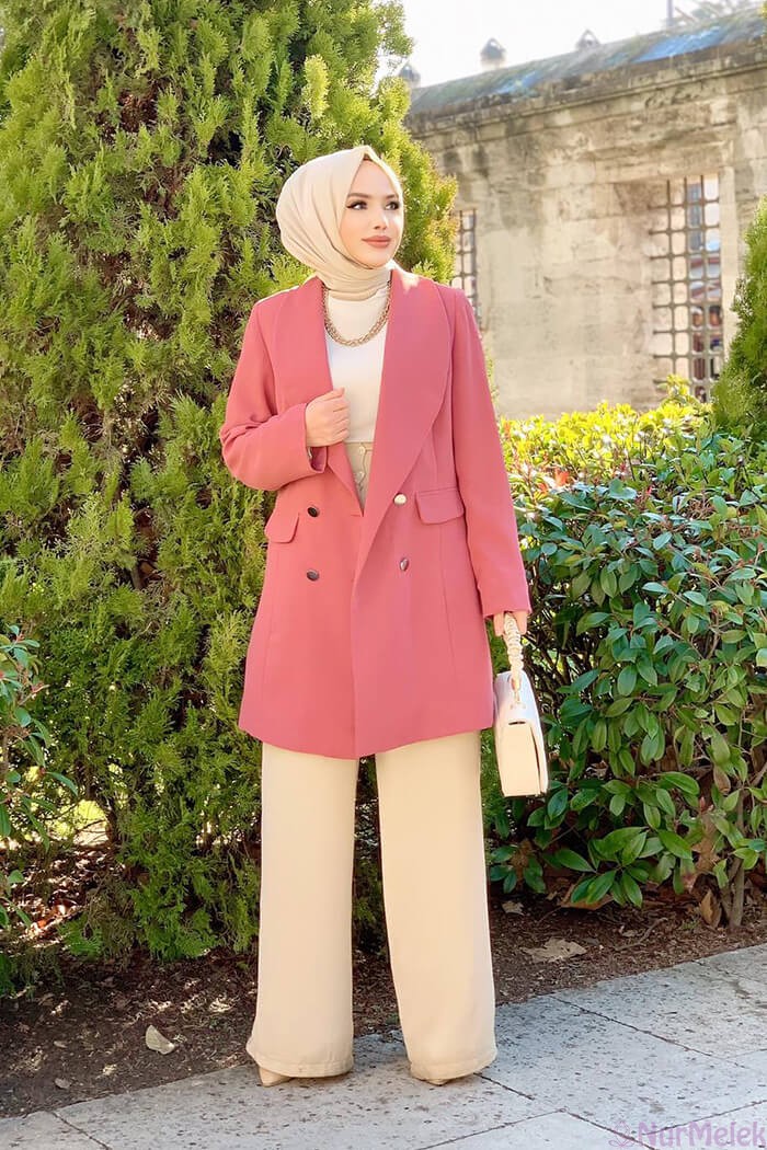 gül kurusu blazer tesettür ceket kombini