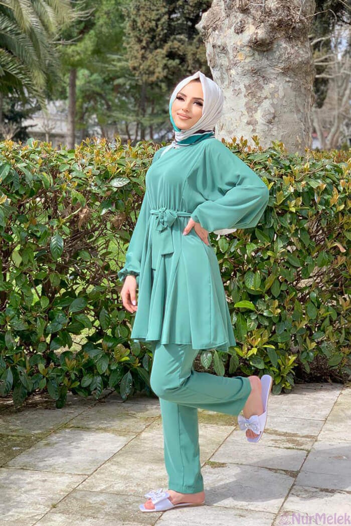 mint rengi pantolon pliseli tunik takım