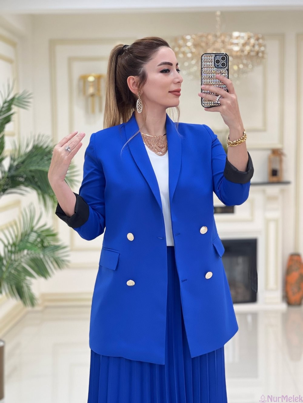 saks mavi blazer ceket etek kombini