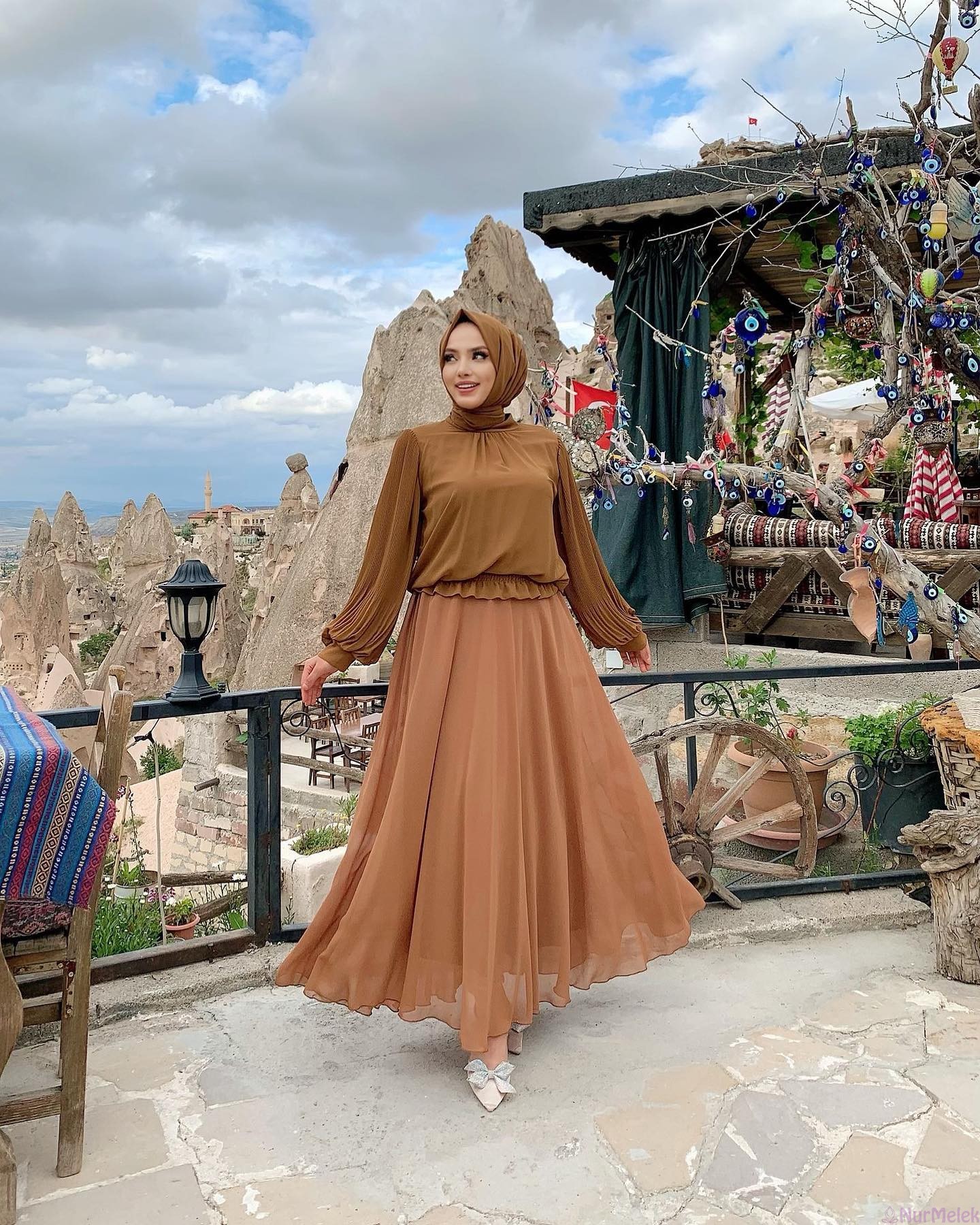 şifon taba tesettür etek tunik kombini