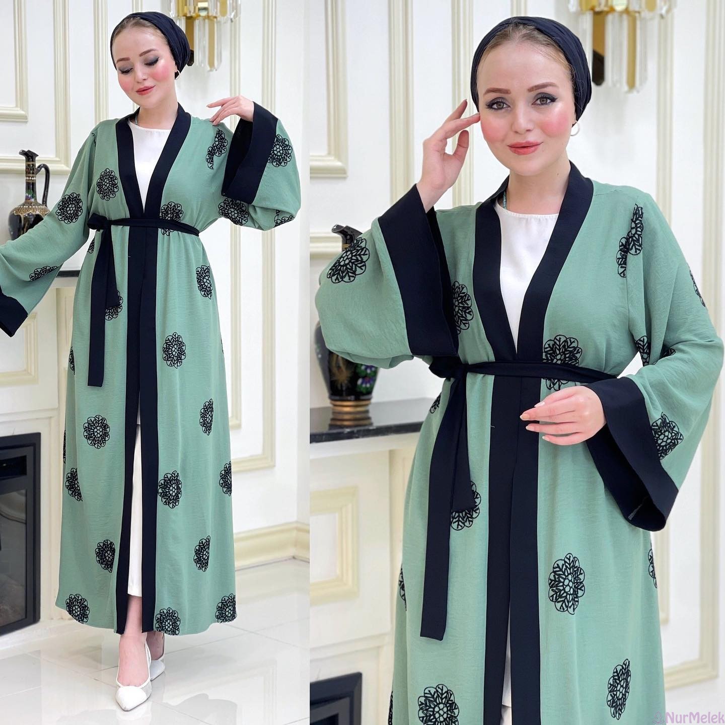 soft yeşil desenli tesettür kimono