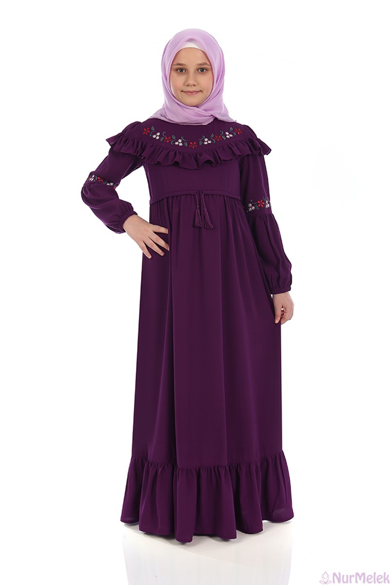 16 yaş mor fırfırlı tesettür elbise