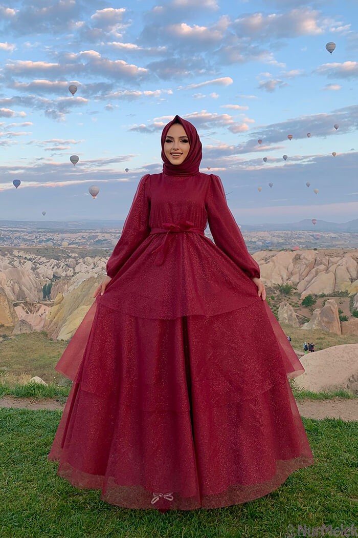 tesettürlü sünnet annesi simli bordo abiye