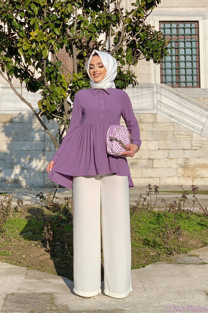 lavanta rengi tesettür tunik beyaz pantolon