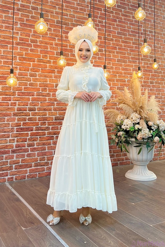 fırfırlı şifon tesettür nikah elbisesi 2023