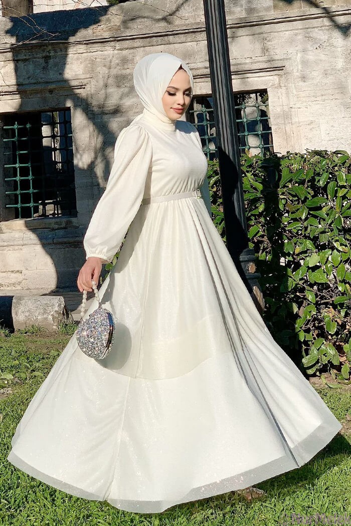 kemerli simli tesettür nikah elbisesi 2023