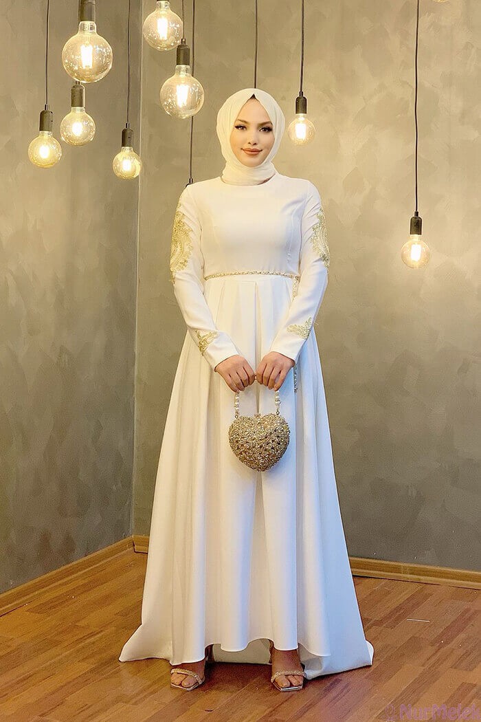 kol işlemeli tesettür nikah elbisesi 2023