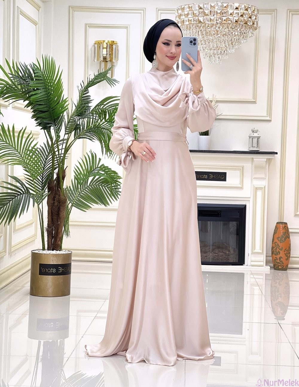 krem renk tesettür nikah elbisesi 2023
