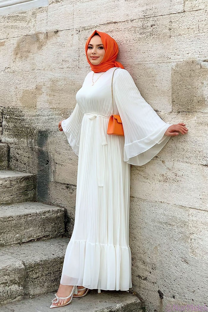 pliseli ekru tesettür nikah elbisesi 2023