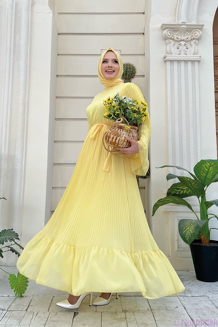 sarı pliseli tesettür nişan elbisesi 2023