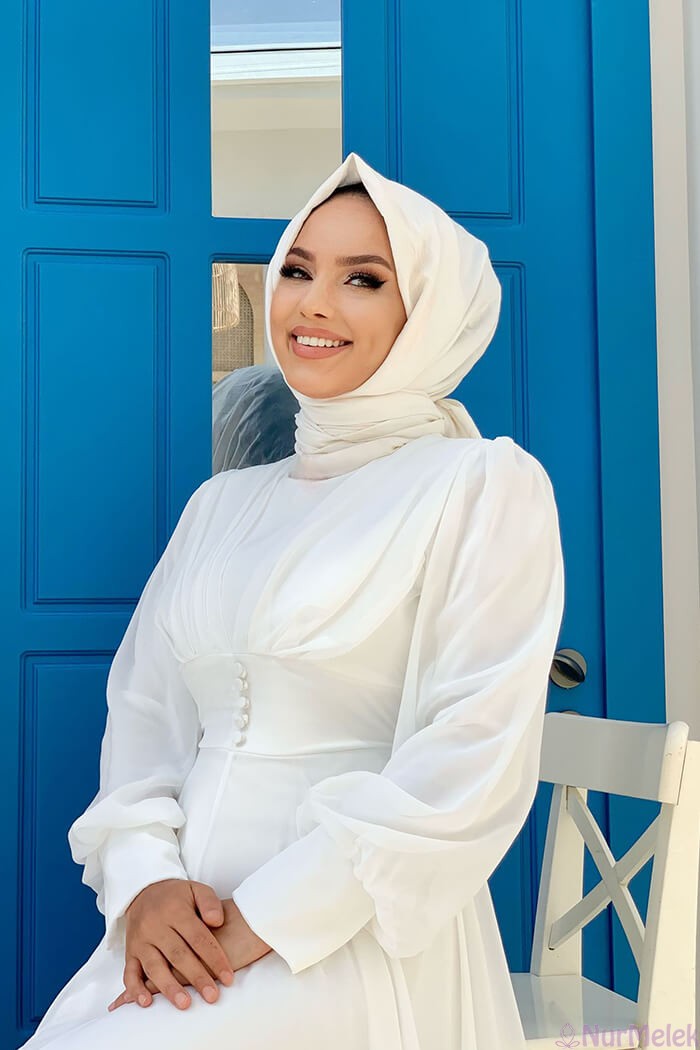 şifon balon kol tesettür nikah elbisesi 2023