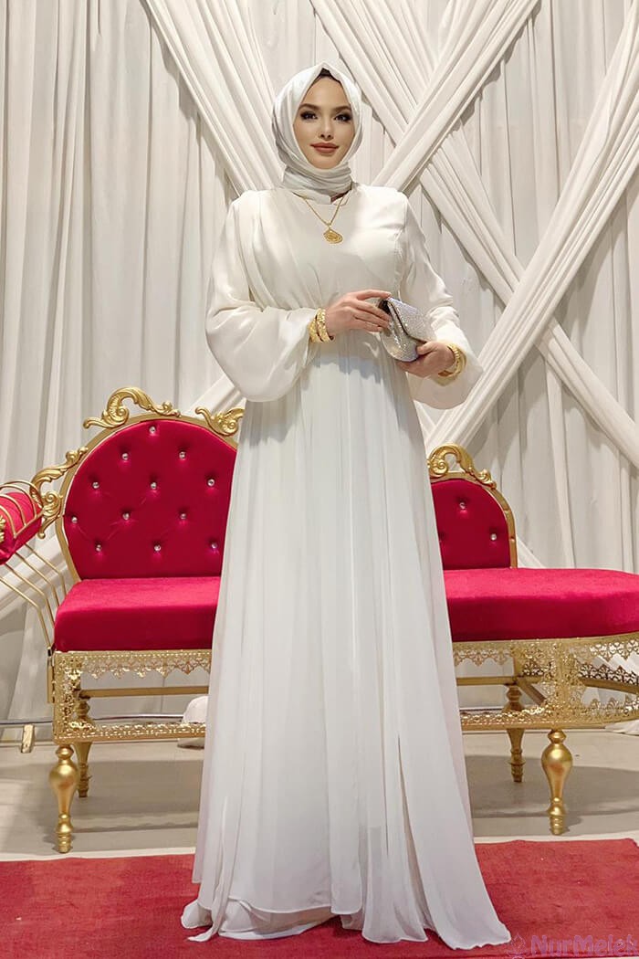 şifon beyaz tesettür nikah elbisesi 2023