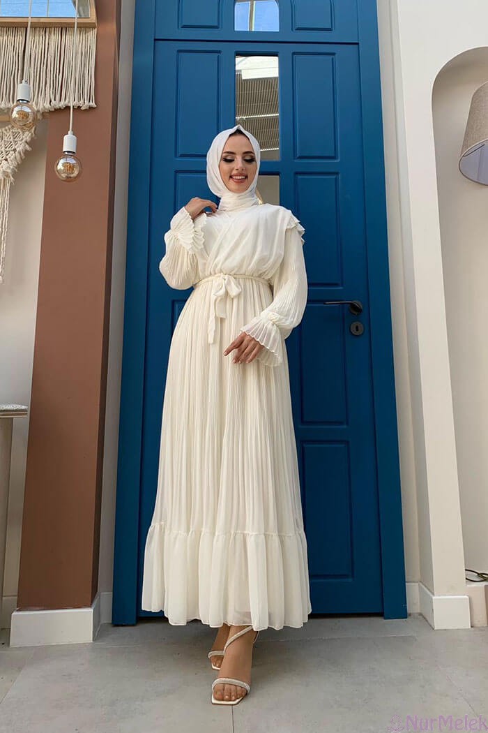 şifon pliseli tesettür nikah elbisesi 2023
