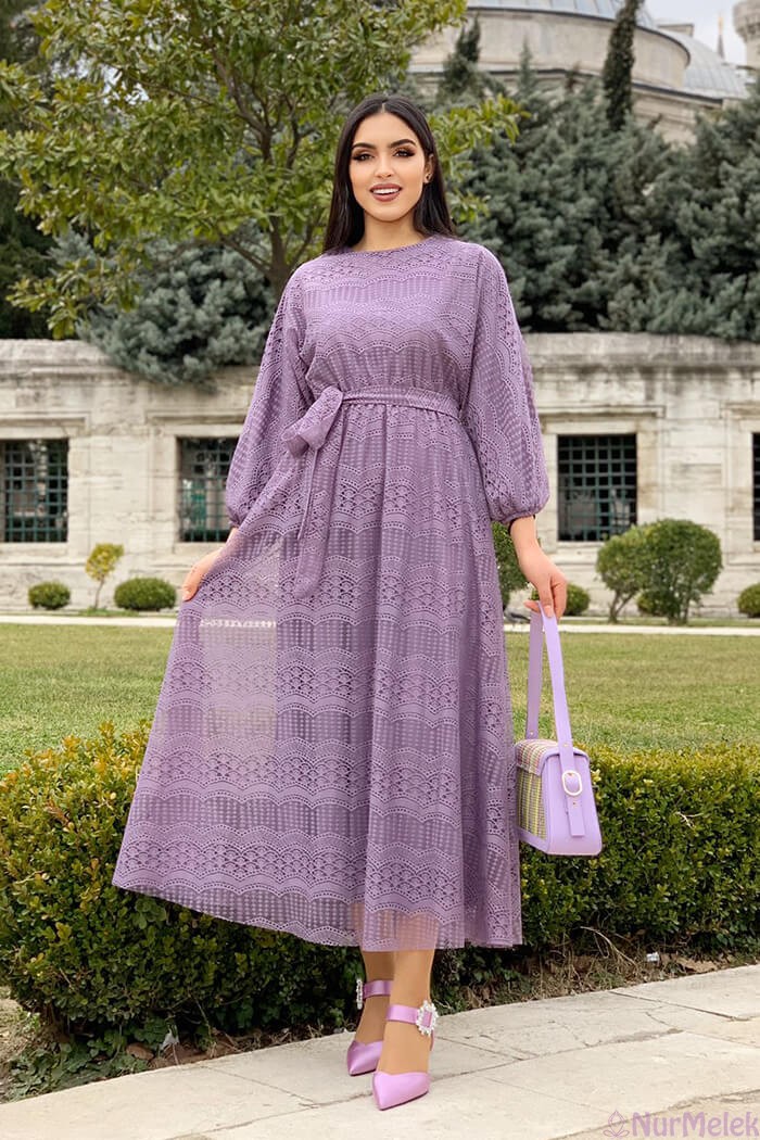 dantelli lila tesettür elbise yazlık 2023