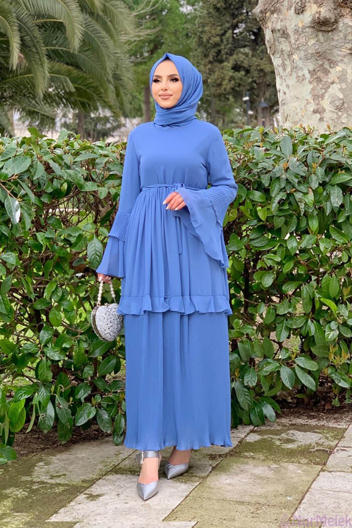 indigo mavi tesettür yazlık elbise 2023