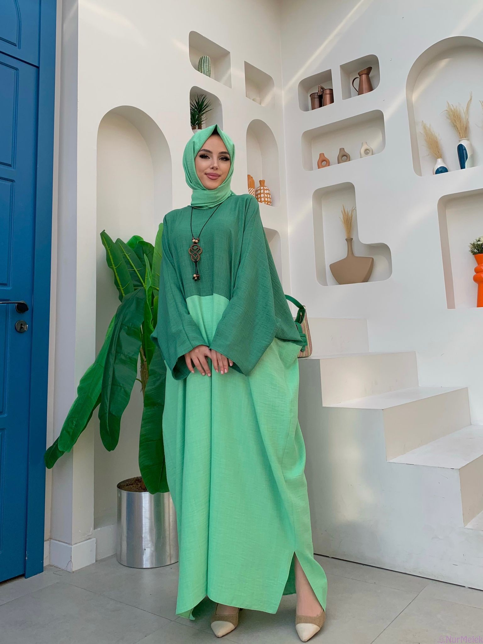 salaş yeşil tesettür yazlık elbise 2023