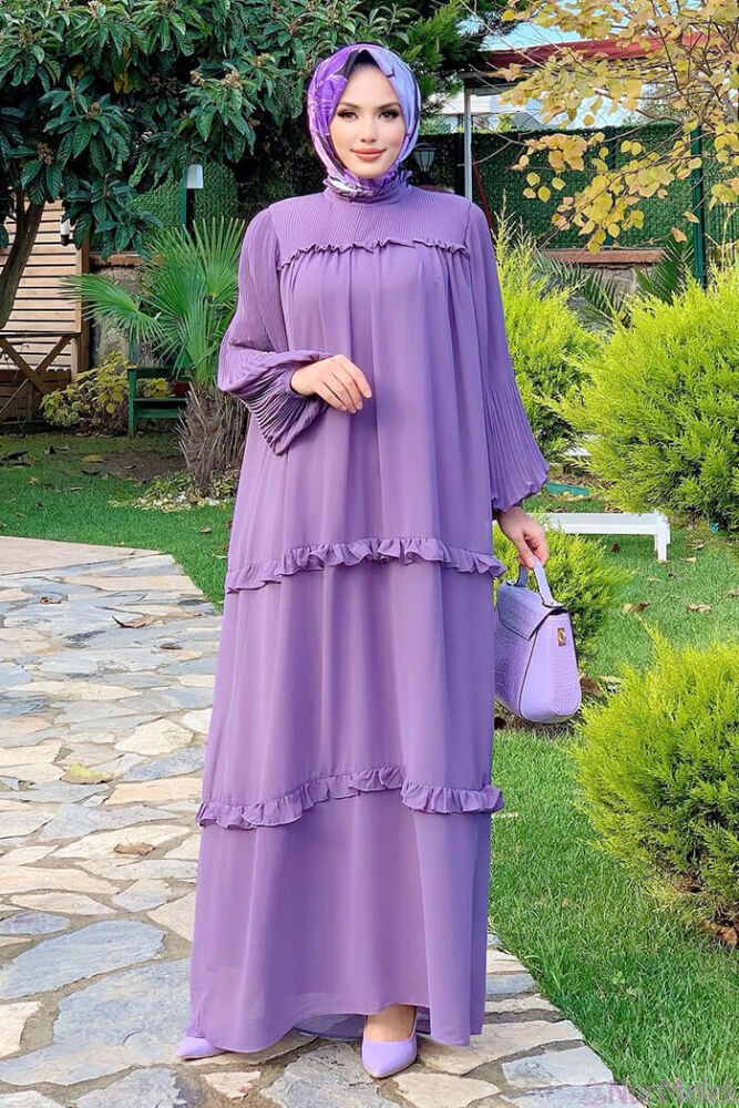 baharlık lila şifon tesettür elbise