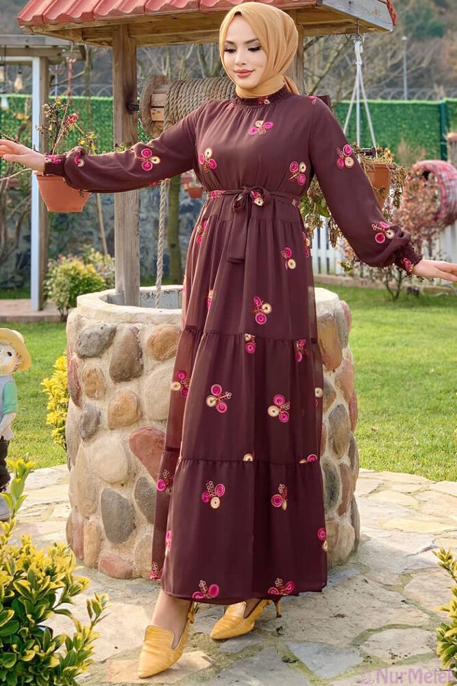 kahverengi şifon baharlık tesettür elbise