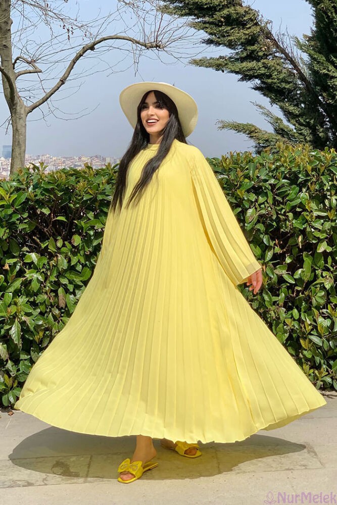 sarı pileli baharlık tesettür elbise