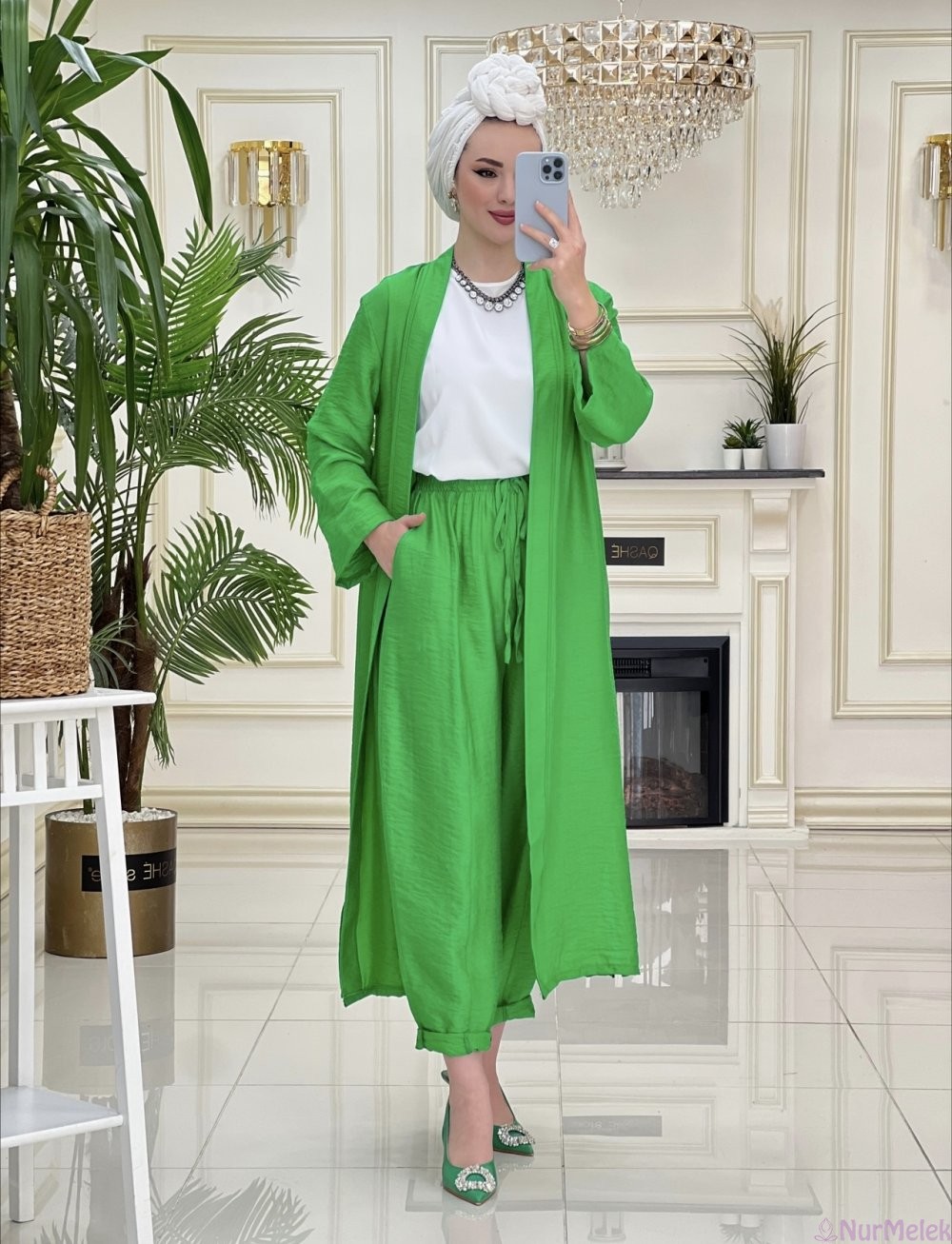 yaz tatili için yeşil tesettür kimono takım