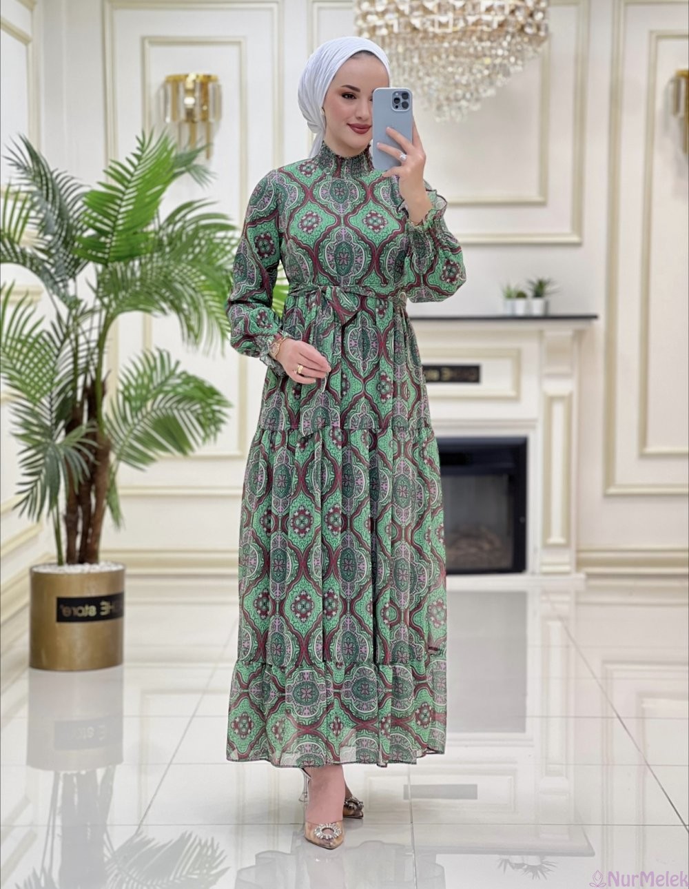 yeşil etnik desen tesettür baharlık elbise