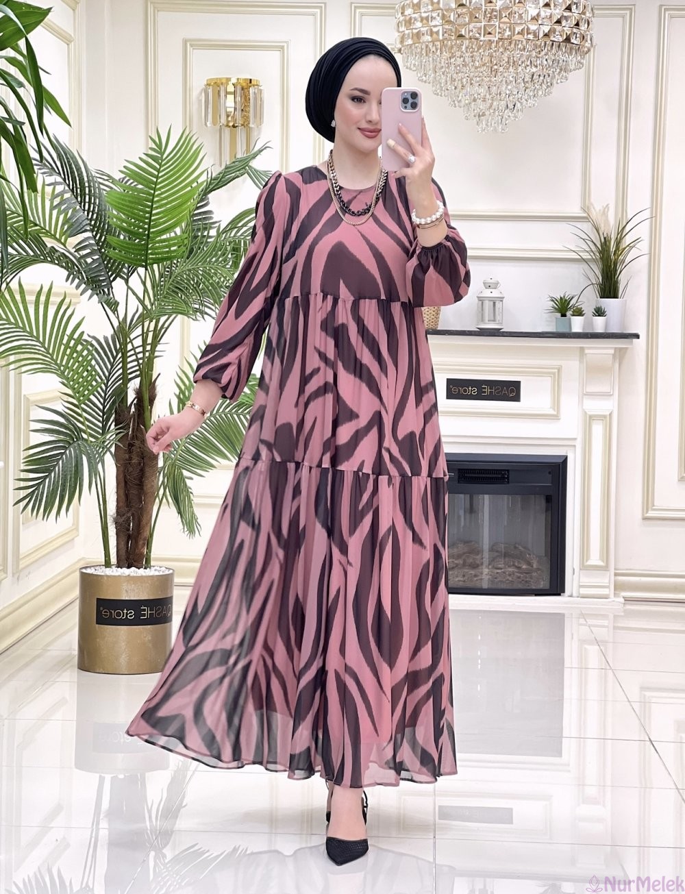 zebra desenli büzgülü baharlık tesettür elbise
